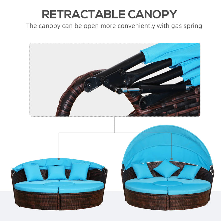 4pc Rattan Wicker Round Canopy Daybed Lounge Outdoor Patio Sofa Set w Cushions, Brown, Aqua Lt Blue