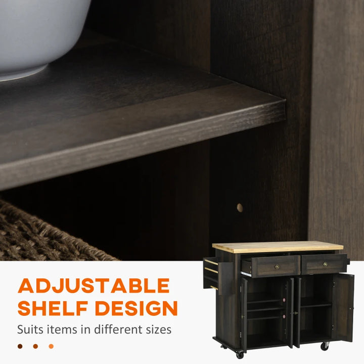 Rolling Farmhouse Kitchen Island Cart Storage Cabinet Sideboard w Wood Top, Dk Brown Woodgrain