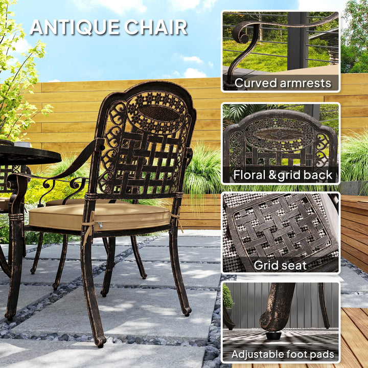 7pc Cast Aluminum Round Dining Table Set w 6 Chairs, Cushions, Outdoor Patio, Bronze Brown, Beige