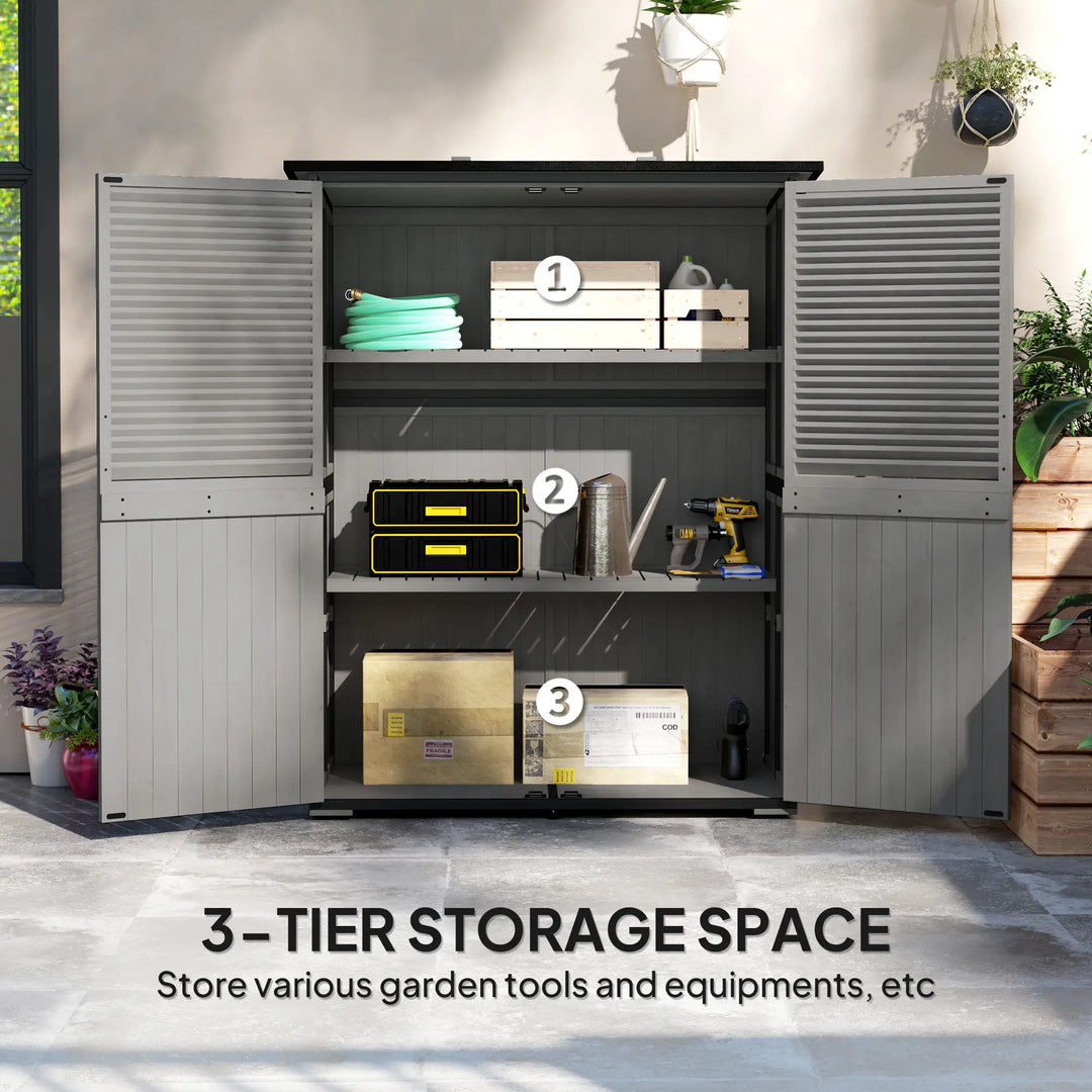 55"L x 29"W x 63"H Outdoor Storage Shed Cabinet w Shelves, Asphalt Roof, 2 Doors, Fir Wood, Grey
