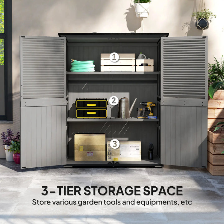 55"L x 29"W x 63"H Outdoor Storage Shed Cabinet w Shelves, Asphalt Roof, 2 Doors, Fir Wood, Grey