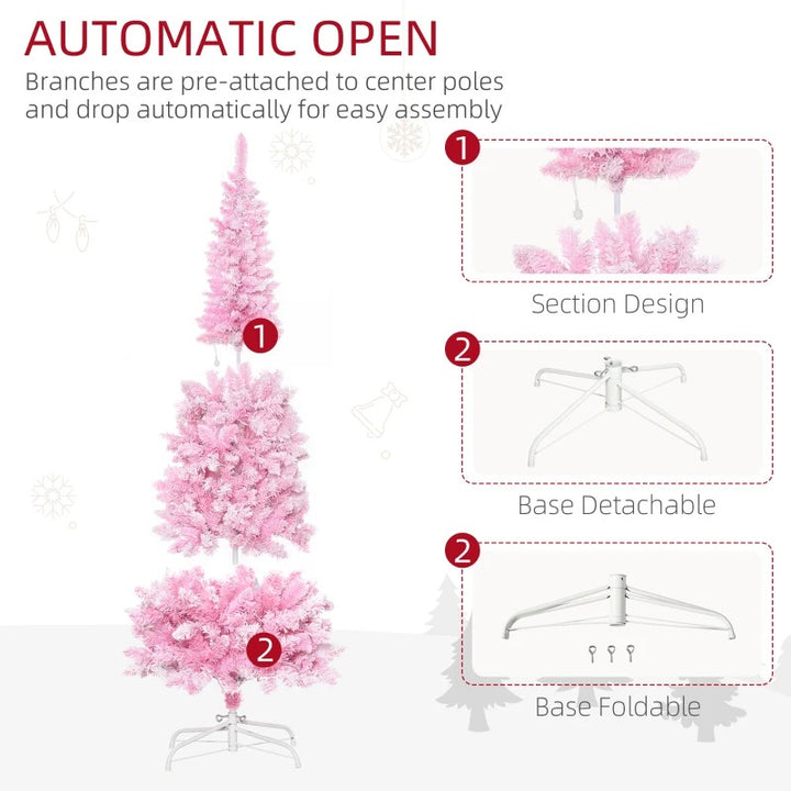 6ft 500-Tip Pre-lit Lush Slim Artificial Pencil Christmas Holiday Tree w 250 LED Lights, Pink