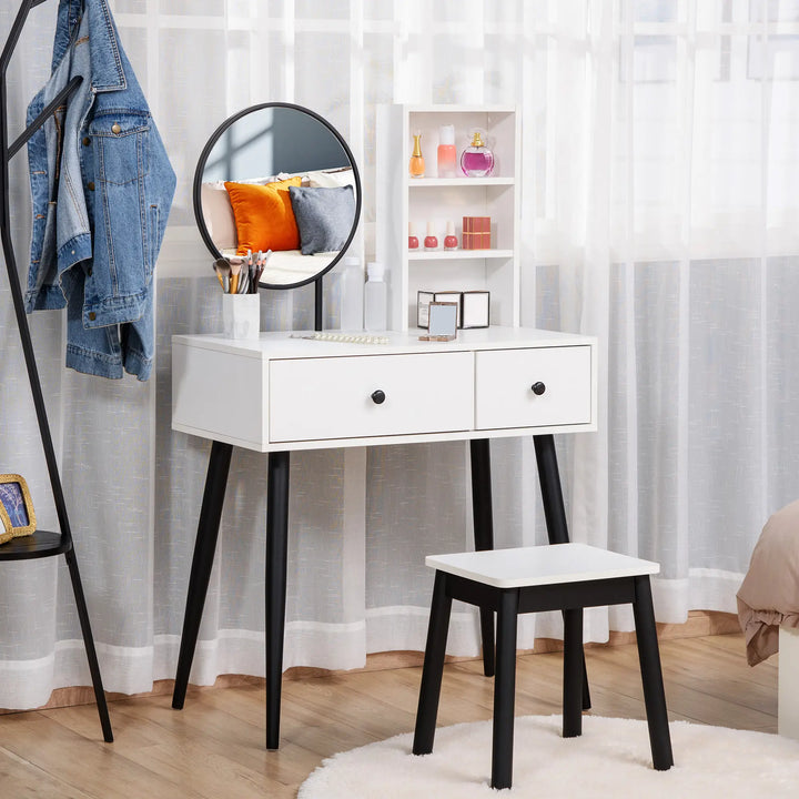 Chic Vanity Makeup Bedroom Dressing Table w Mirror, Stool, Drawers, Open Shelves, White & Black