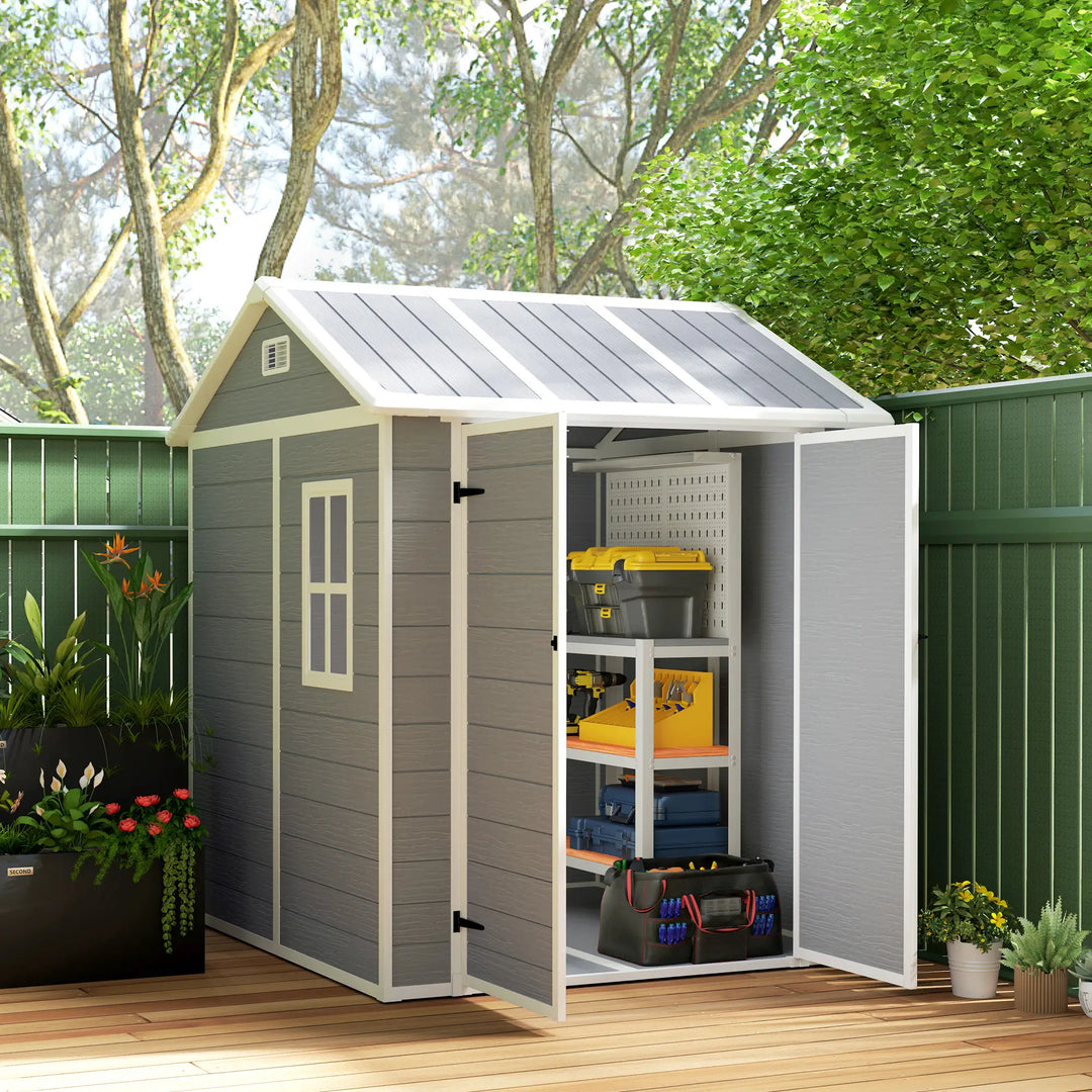 6' x 6' Resin PP Plastic Aluminum Outdoor Tool Storage Garden Shed w 2 Swing Doors, Windows, Grey