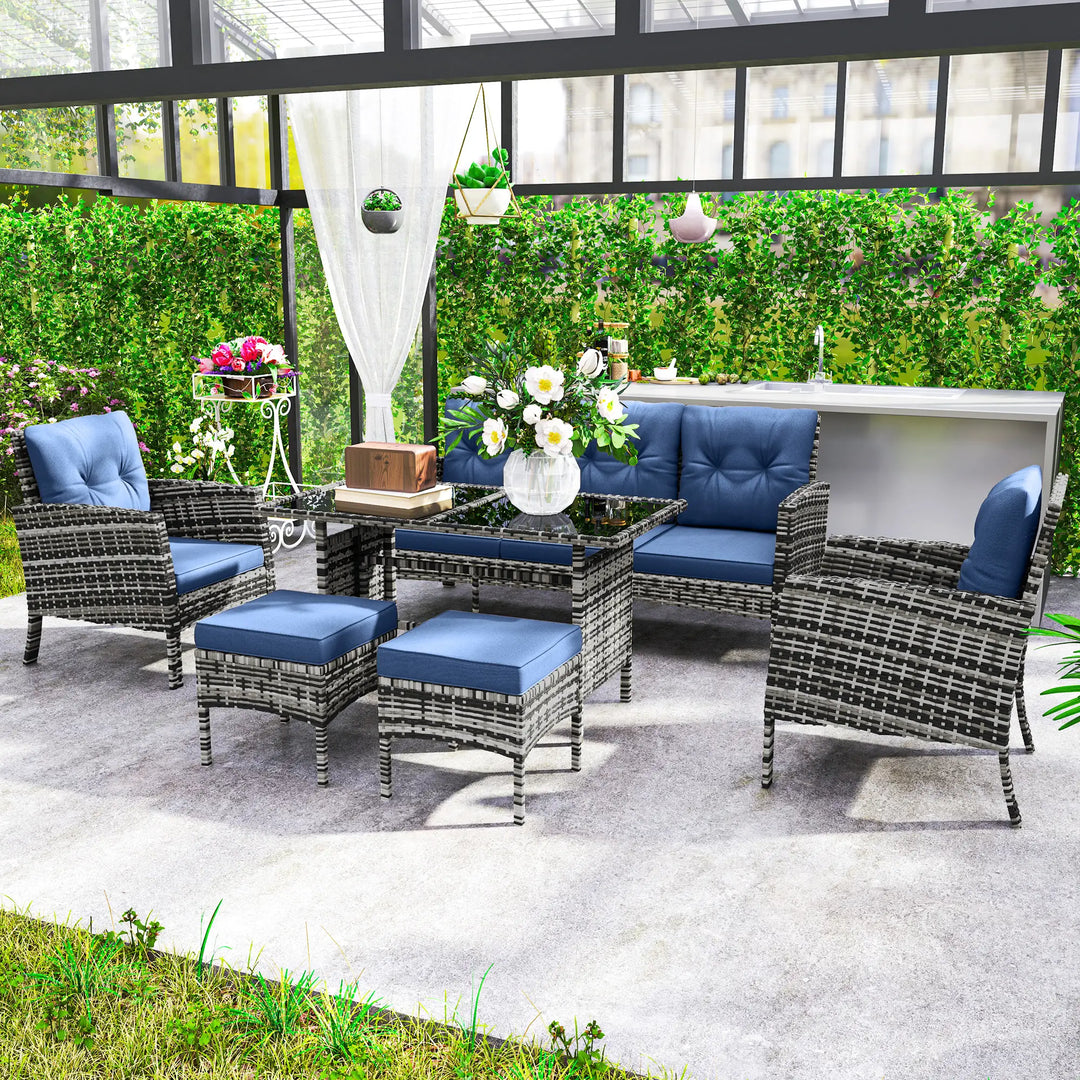 6pc PE Rattan Wicker Outdoor Dining Table Patio Sofa Furniture Set w Cushions, Ottomans, Blue, Grey