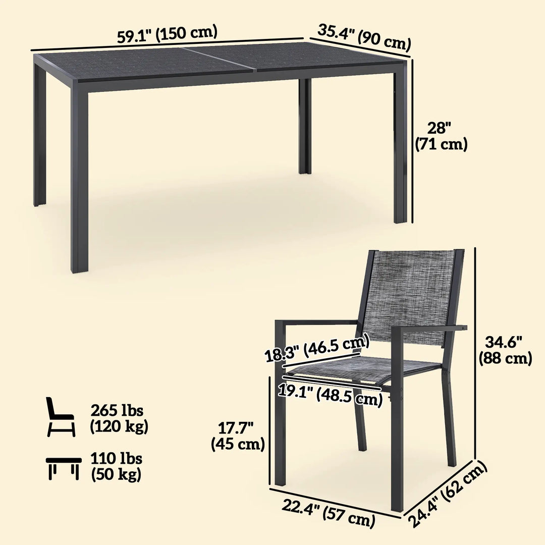 7pc, 6-Seat Steel Outdoor Patio Dining Set, Composite Tabletop, 6 Stackable Chairs, Black, Mix Grey