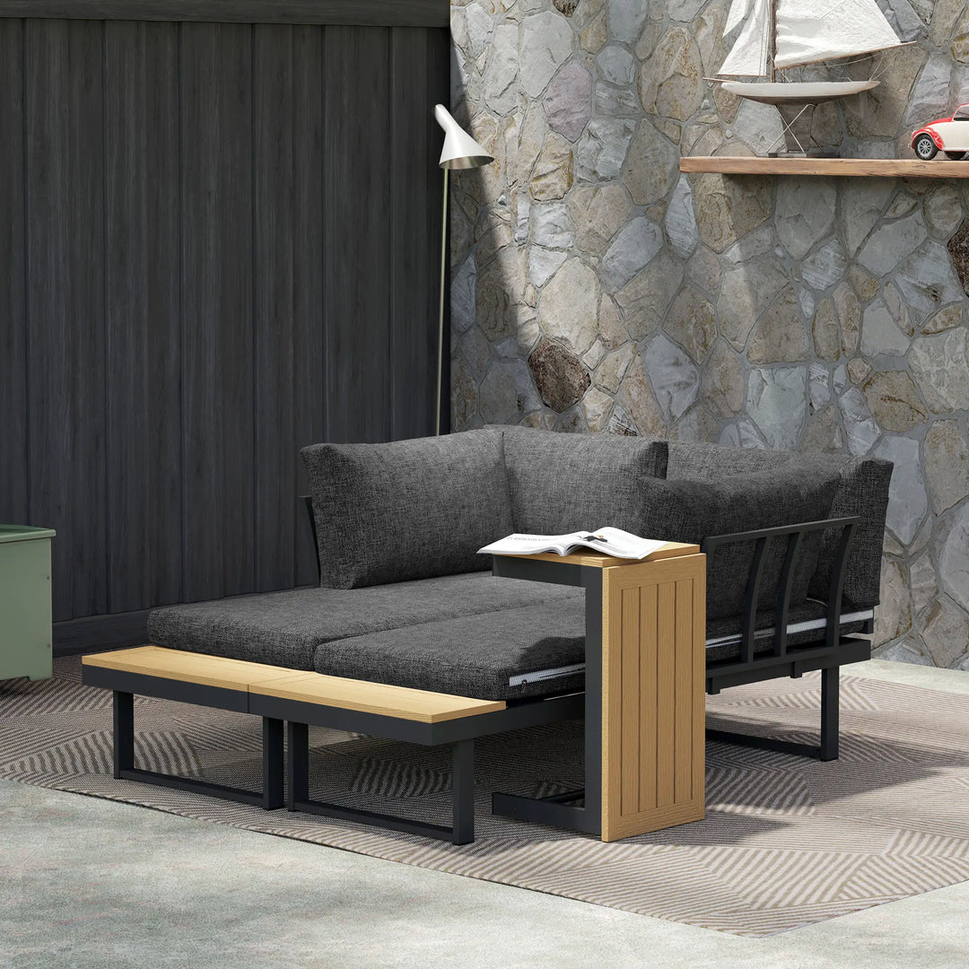 3pc Modular Aluminum Sectional Conversation Love Seat Sofa Set w Cushions Table Outdoor Patio, Grey