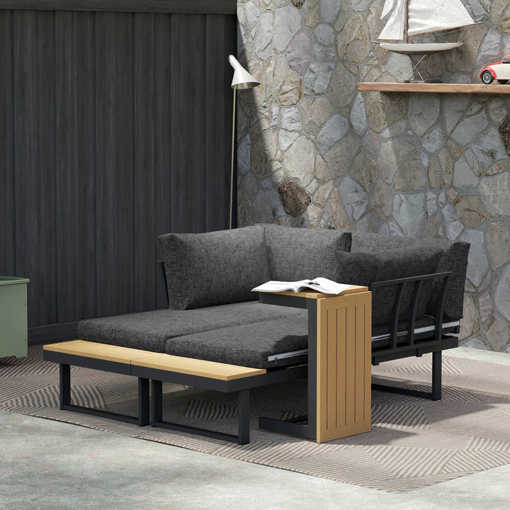 3pc Modular Aluminum Sectional Conversation Love Seat Sofa Set w Cushions Table Outdoor Patio, Grey