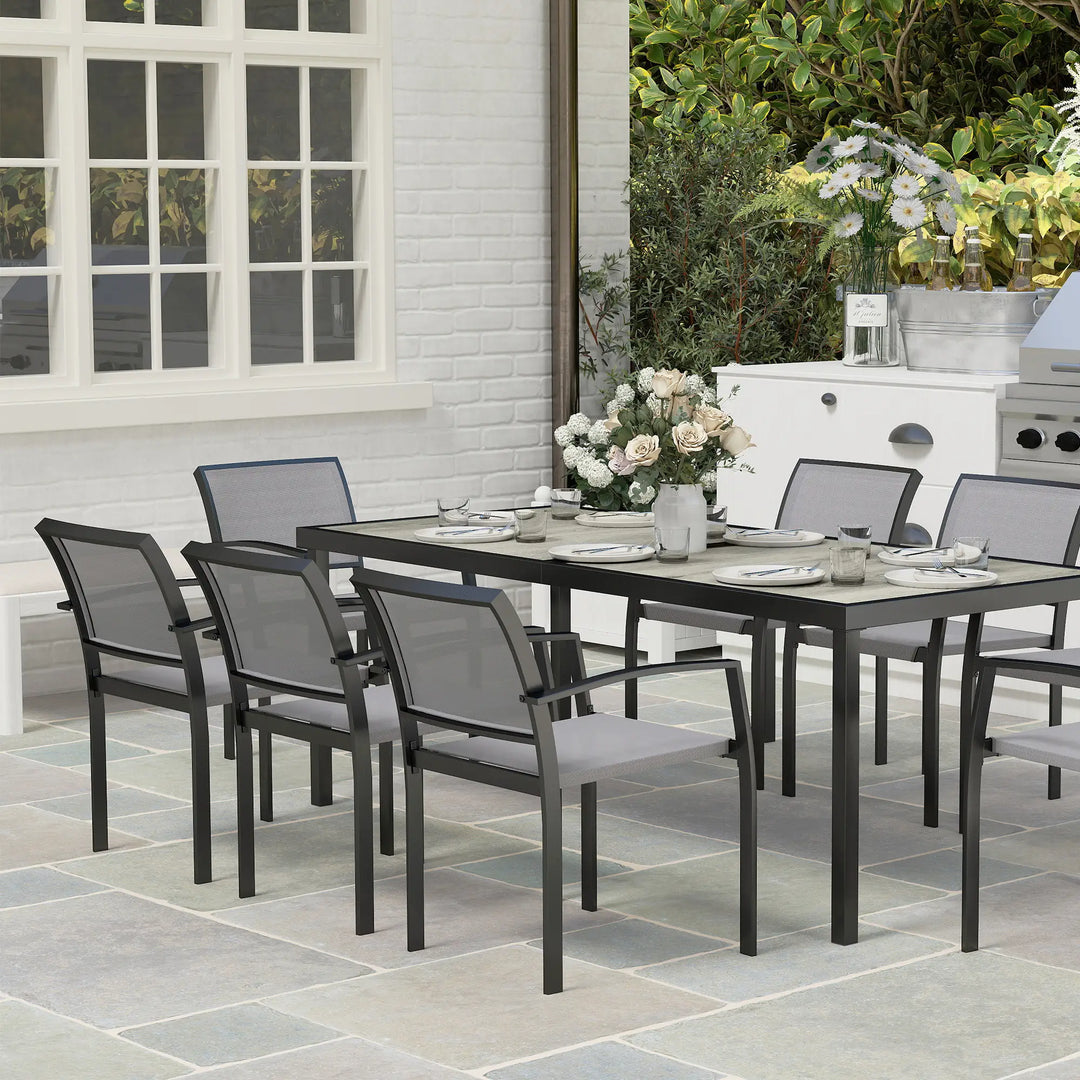 9pc 8-Seat Steel Outdoor Dining Set w Composite Tabletop, 8 Stackable Chairs for Garden Patio, Grey