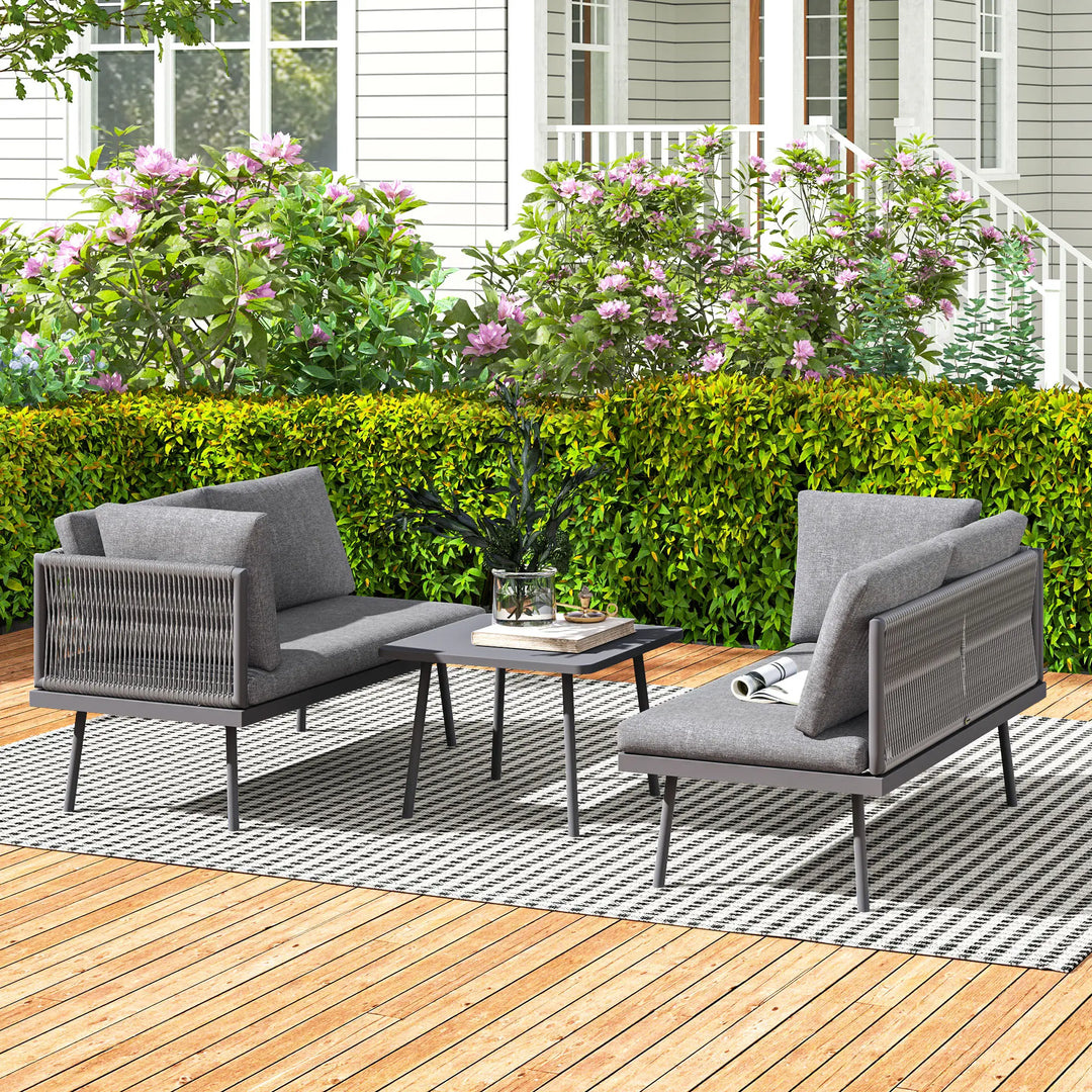 3pc, 4-Seat Steel Wicker L-Shape Sectional Conversation Love Seat Outdoor Patio Set w Table, Grey