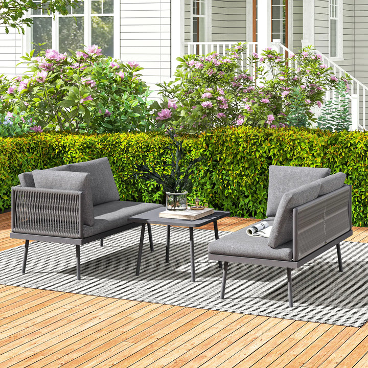 3pc, 4-Seat Steel Wicker L-Shape Sectional Conversation Love Seat Outdoor Patio Set w Table, Grey