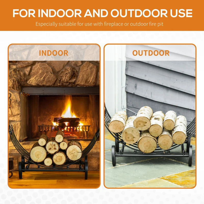 Stylish 23" Firewood Log Rack Curved Fireplace Holder Storage w/ Scrolls Outdoor Indoor - Black