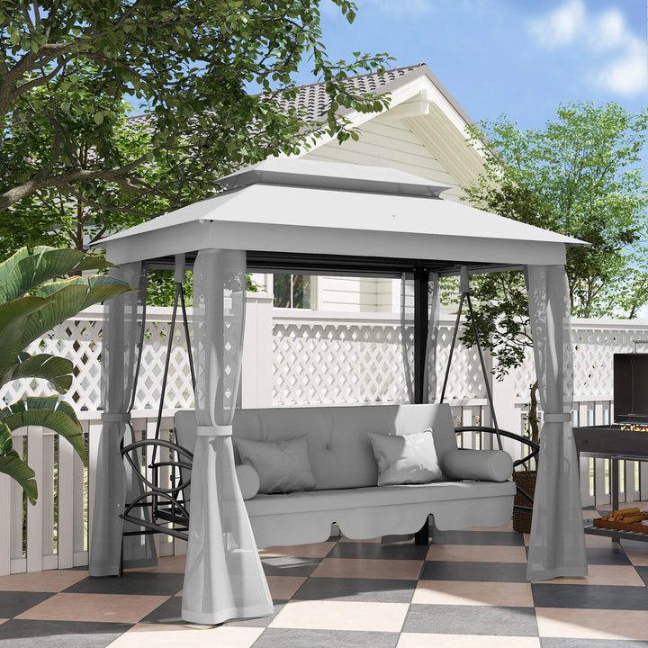 Deluxe 3-Seat Swing / Daybed w Gazebo Canopy Mesh Curtains, Cushions for Patio Garden Outdoor, Grey