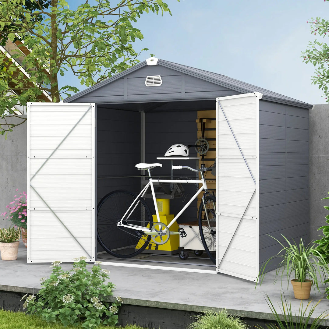 8' x 6' PP Plastic Resin & Aluminum Outdoor Tool Bike Storage Shed, Swing Doors, Patio Garden, Grey