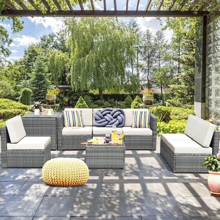 8pc L-Shape Rattan Wicker Sectional w Storage, Cover, Outdoor Patio Furniture, Grey, White