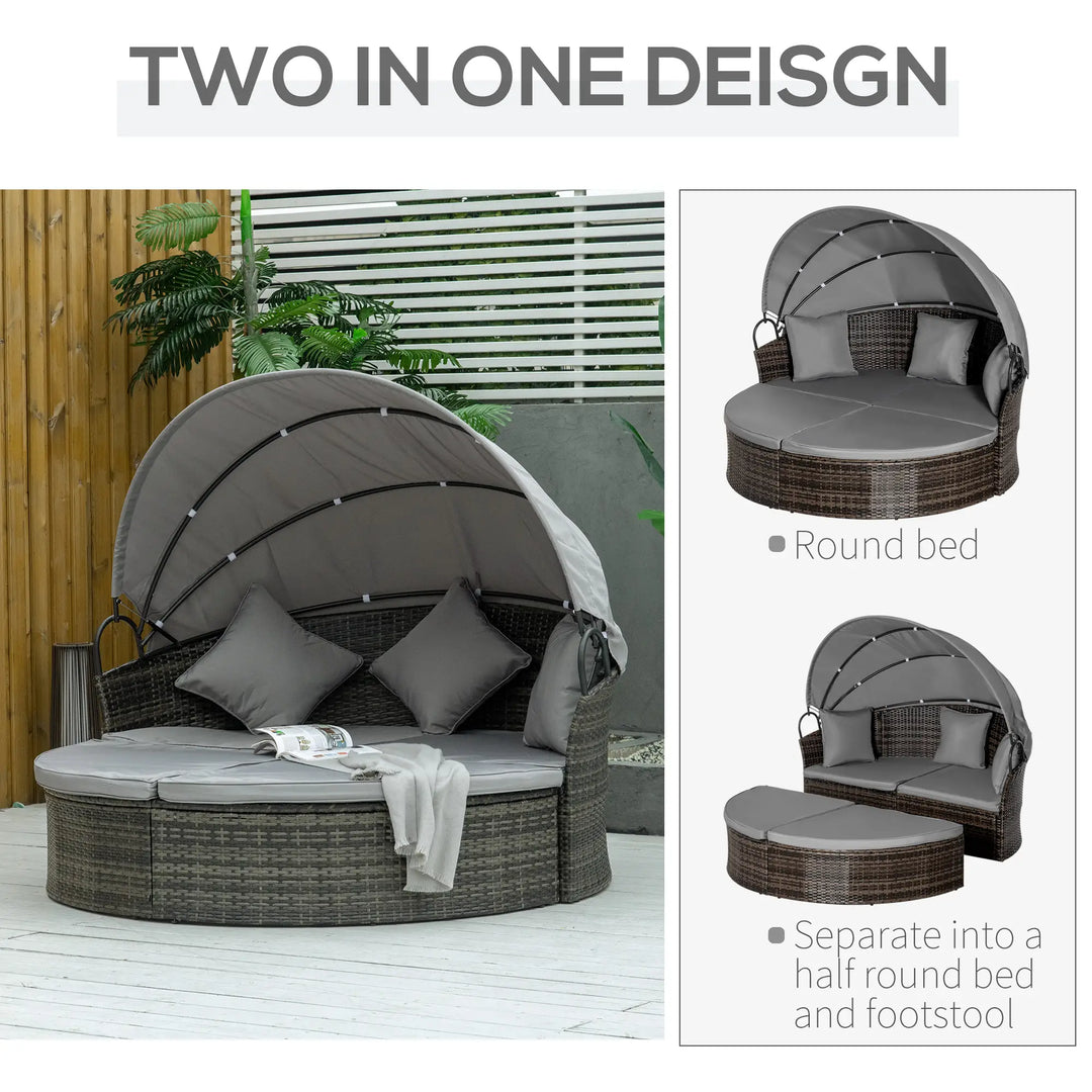 2pc Rattan Wicker Round Canopy Daybed Lounger Outdoor Patio Sofa Plus Bench w Cushions, Mixed Grey