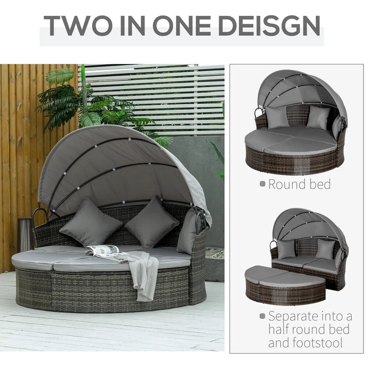 2pc Rattan Wicker Round Canopy Daybed Lounger Outdoor Patio Sofa Plus Bench w Cushions, Mixed Grey