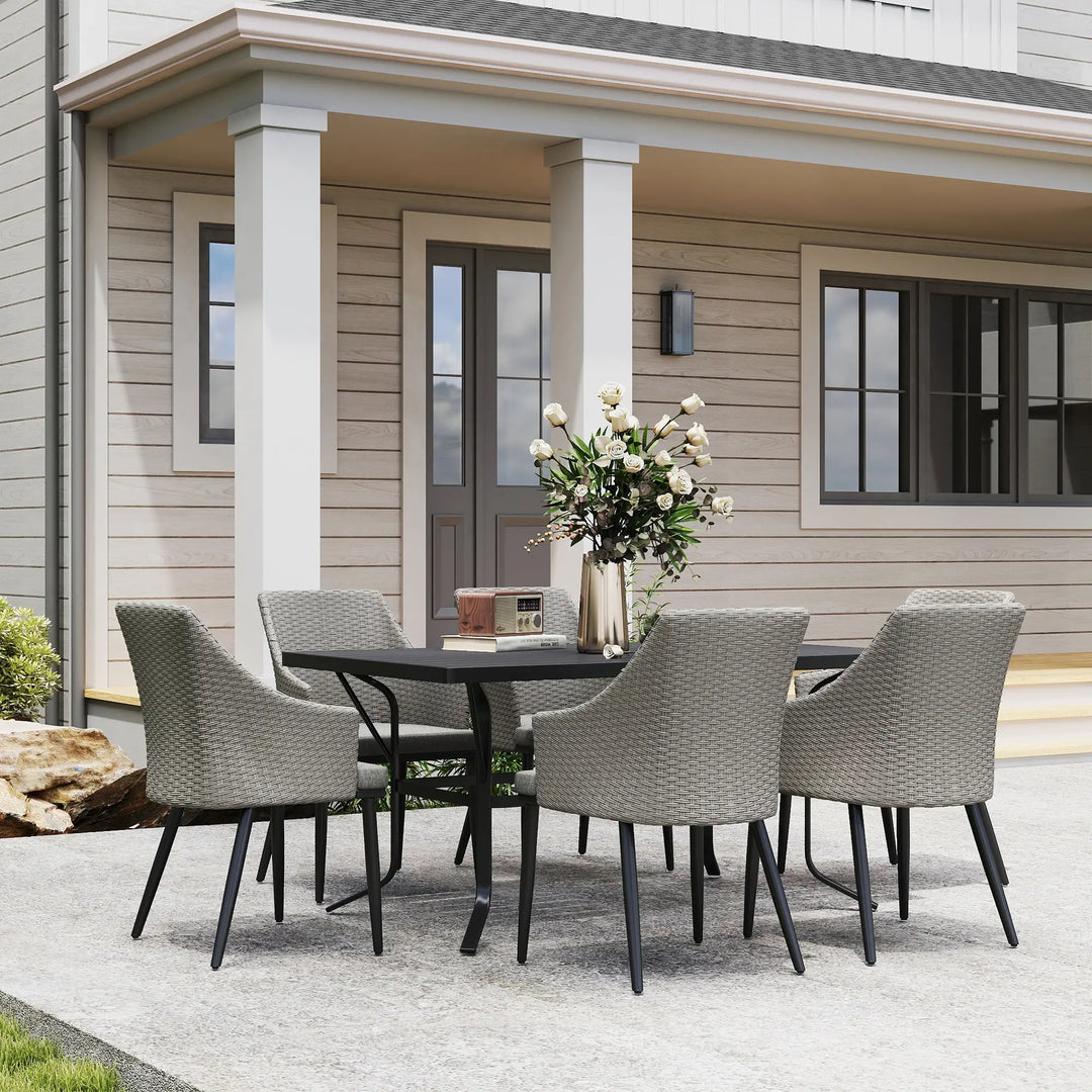 7pc, 6 Seat Chic Outdoor Patio Dining Set w Steel Slatted Table, Rattan Chairs, Umbrella Hole, Grey