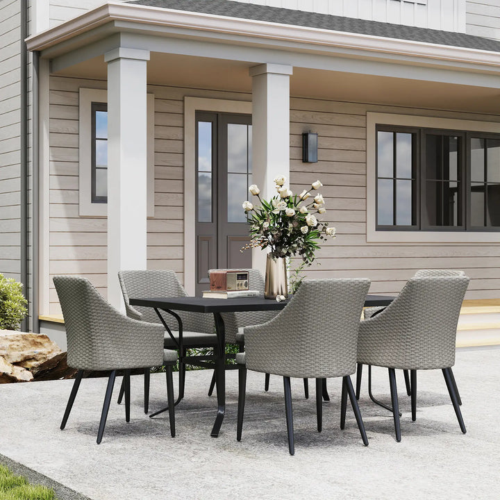 7pc, 6 Seat Chic Outdoor Patio Dining Set w Steel Slatted Table, Rattan Chairs, Umbrella Hole, Grey
