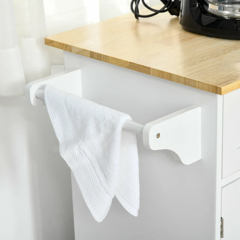 Modern Rolling Kitchen Island Storage Cart Cabinet Sideboard w Drawers, Natural Wood Top, White