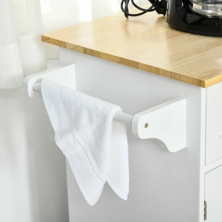 Modern Rolling Kitchen Island Storage Cart Cabinet Sideboard w Drawers, Natural Wood Top, White