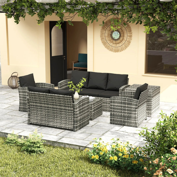 6pc 7-Seat Premium PE Rattan Wicker Conversation Outdoor Patio Set, Cushions & Storage, Grey, Black
