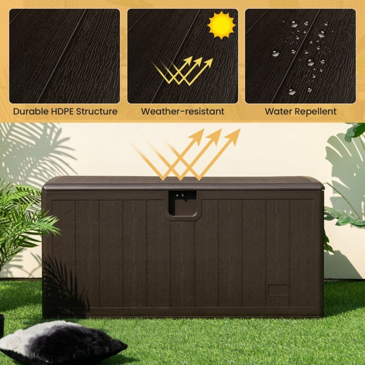 50" 130 Gal Plastic All Weather Deck Box w Lockable Lid, Storage Container Outdoor Patio, Brown