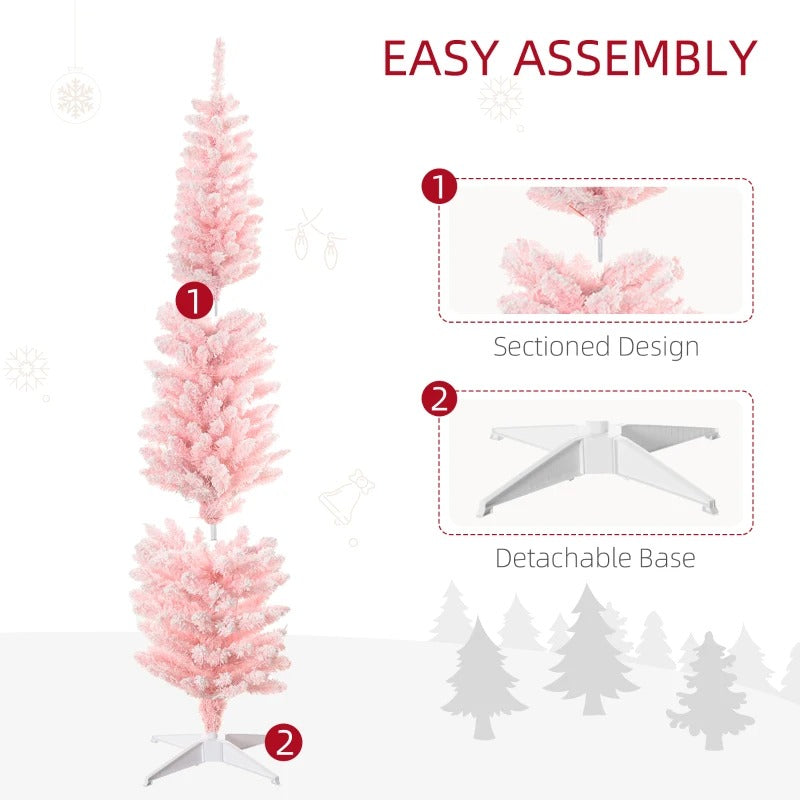6ft 360-Tip Pre-lit Snow Flocked Artificial Pencil Christmas Holiday Tree, 200 LED Lights, Pink