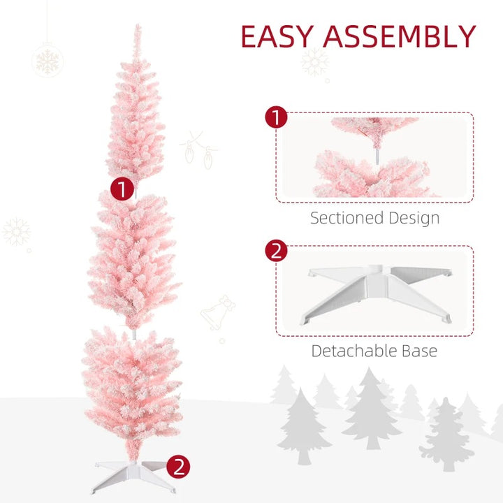 6ft 360-Tip Pre-lit Snow Flocked Artificial Pencil Christmas Holiday Tree, 200 LED Lights, Pink