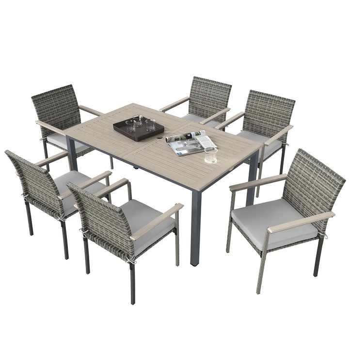 7pc, 6-Seat Rattan Wicker Compact Dining Set w Wood Tabletop, Cushions for Outdoor Deck Patio, Grey
