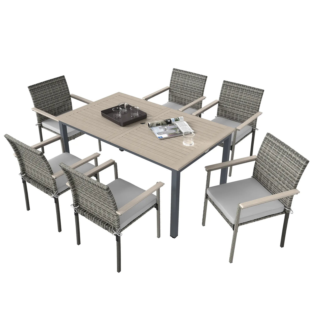 7pc, 6-Seat Rattan Wicker Compact Dining Set w Wood Tabletop, Cushions for Outdoor Deck Patio, Grey