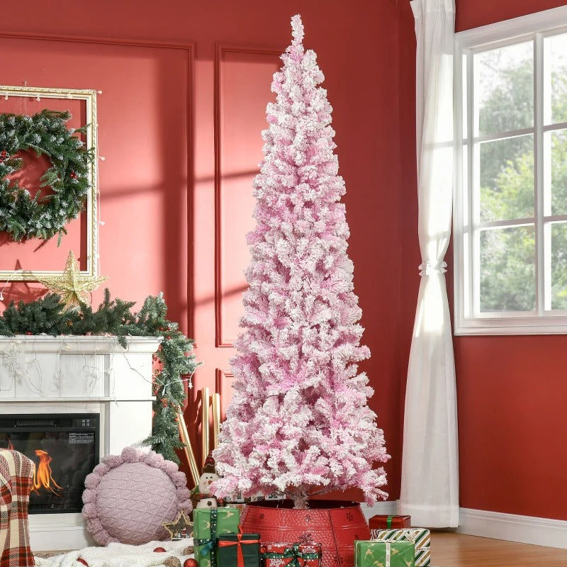 7.5ft 800-Tip Snow Flocked Unlit Artificial Pencil Christmas Holiday Tree, Xmas Decor, Pink