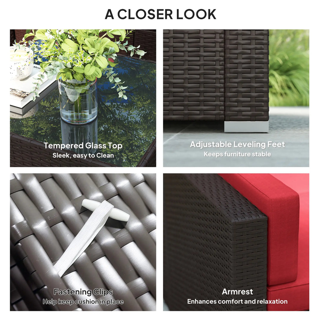 7pc 6-Seat Rattan Wicker Sectional Conversation Sofa Set w Cushions Outdoor Patio, Wine Red, Brown