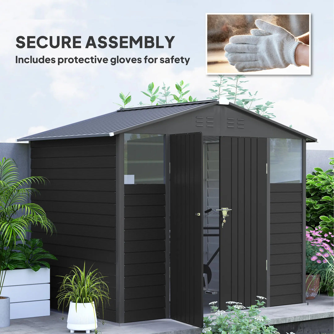 8' x 6' Galv Steel Metal Outdoor Bike Tool Storage Utility Garden Shed, Swing Doors, Windows, Grey