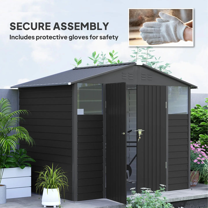 8' x 6' Galv Steel Metal Outdoor Bike Tool Storage Utility Garden Shed, Swing Doors, Windows, Grey