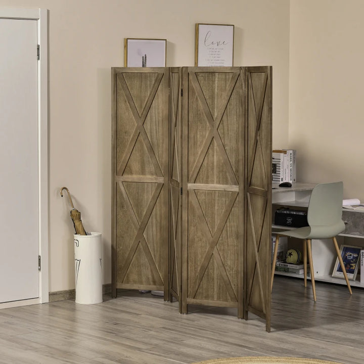 4-Panel Farmhouse Wood Room Divider Privacy Screen Partition w Barndoor Design, Rustic Brown