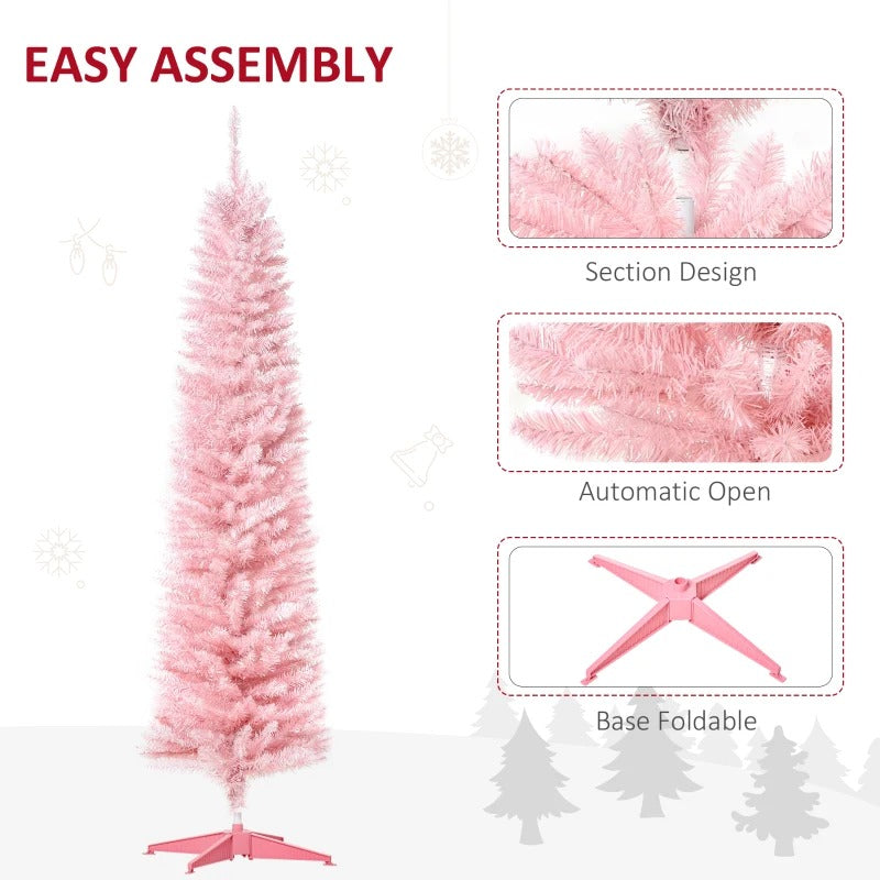 NEW 6ft 390-Tip Unlit Slim Pencil Artificial Christmas Holiday Xmas Tree Decor w Base, Lt Pink