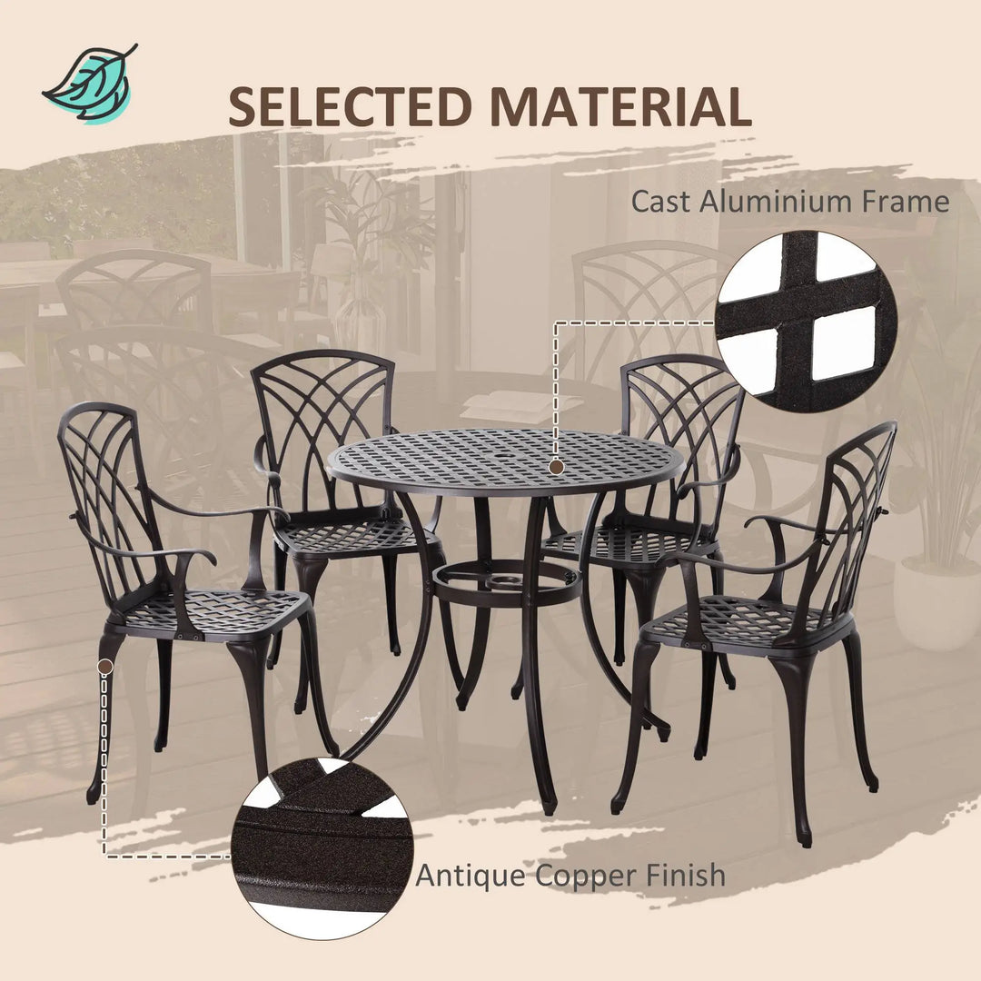 5pc Modern Cast Aluminum Round Bistro Table & Chair Outdoor Dining Set for Garden Patio, Dark Brown