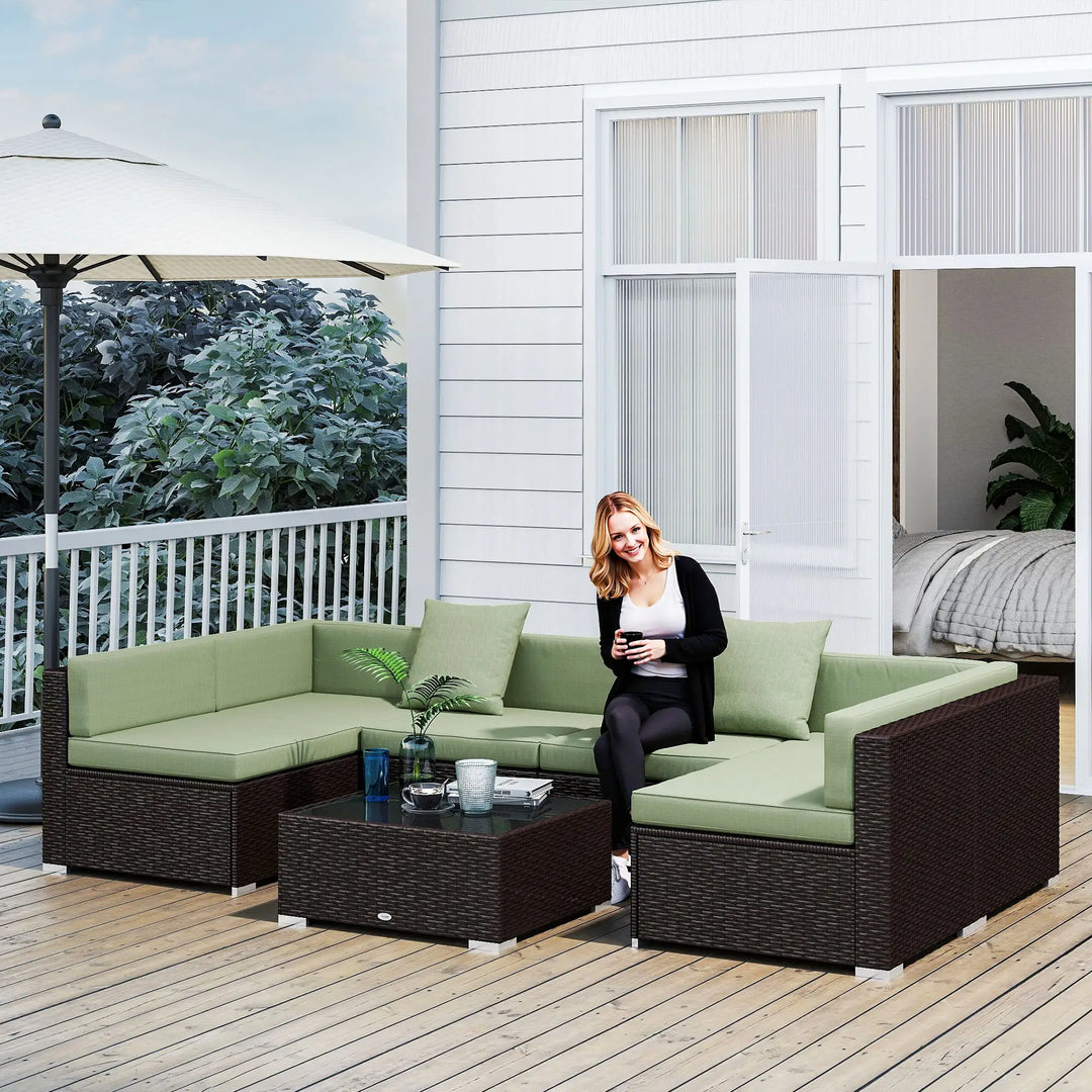 7pc 6-Seat Rattan Wicker Sectional Conversation Set w Cushions Outdoor Patio, Dk Brown, Light Green
