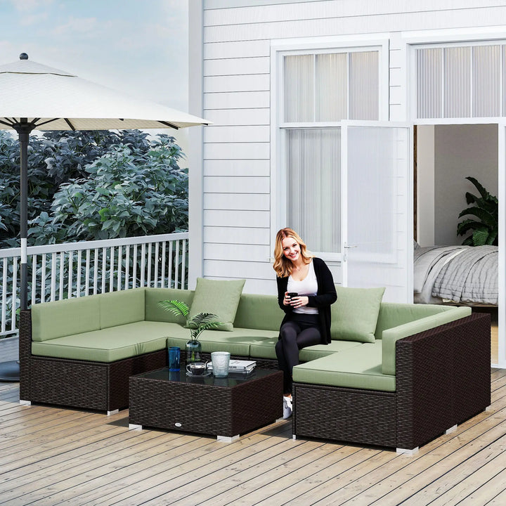 7pc 6-Seat Rattan Wicker Sectional Conversation Set w Cushions Outdoor Patio, Dk Brown, Light Green