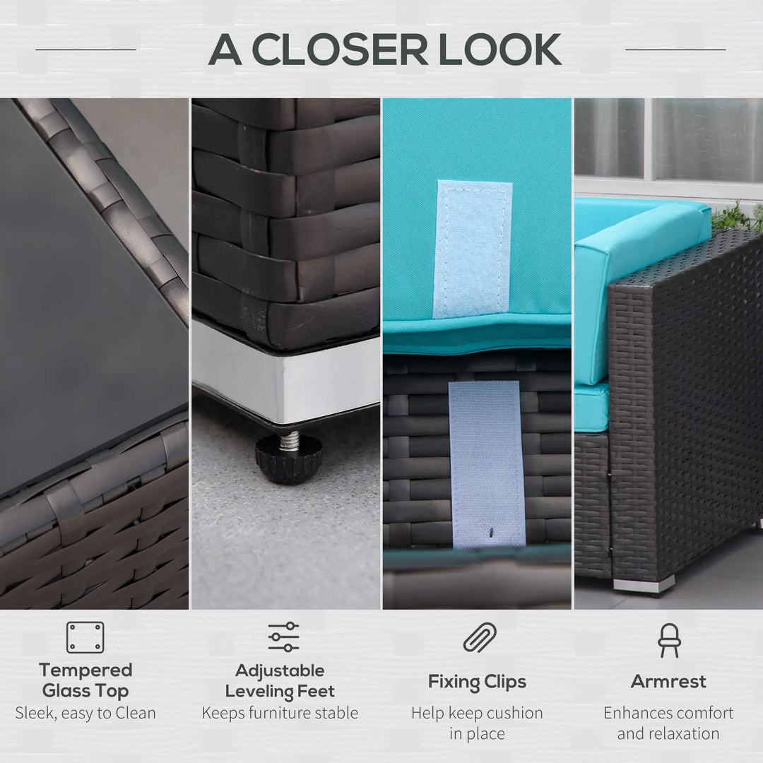 7pc Rattan Wicker Sectional Conversation Furniture Set w Cushions, Outdoor Patio, Aqua Blue, Brown