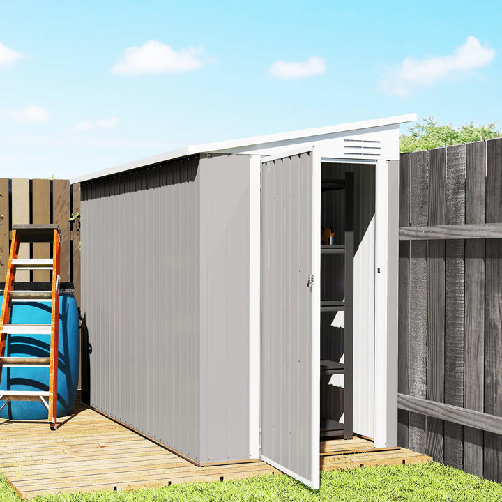 8' x 4' Outdoor Lean To Steel Storage Garden Shed Tool Organizer w Swing Door, Vents, Light Grey