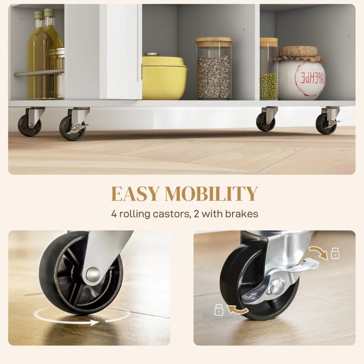 Electric Kitchen Island Cart w Power & USB Port, Drop-leaf Countertop w Wheels, Wood Top, White