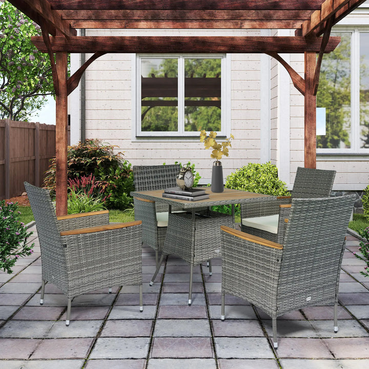 5pc Square PE Rattan Wicker Outdoor Dining Table Patio Set w 4 Chairs, Wood Top, Parasol Hole, Grey