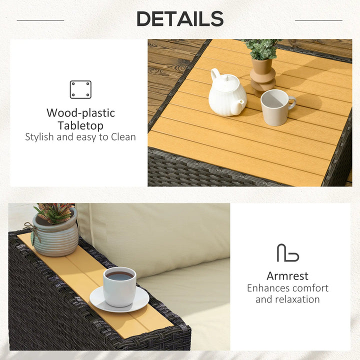 6pc 5-Seat Premium L-Shape PE Rattan Wicker Sectional Conversation Patio Set, Brown, Cream Beige