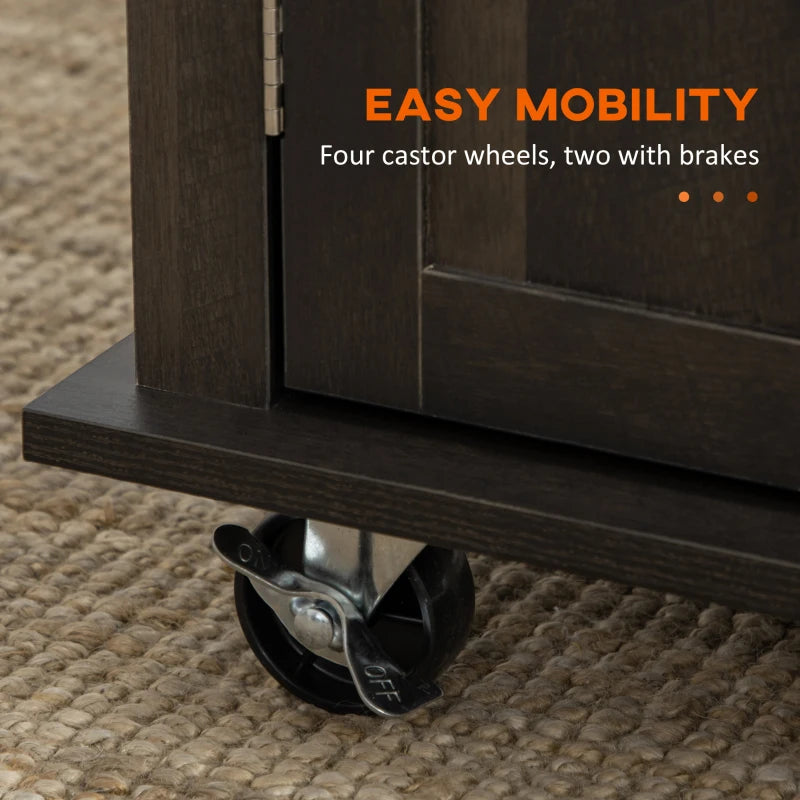 Rolling Farmhouse Kitchen Island Cart Storage Cabinet Sideboard w Wood Top, Dk Brown Woodgrain