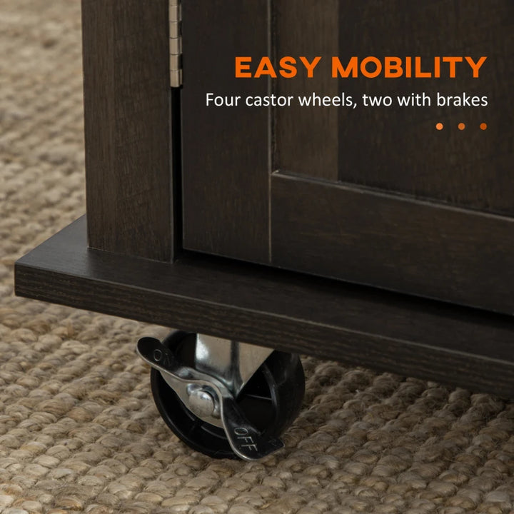 Rolling Farmhouse Kitchen Island Cart Storage Cabinet Sideboard w Wood Top, Dk Brown Woodgrain