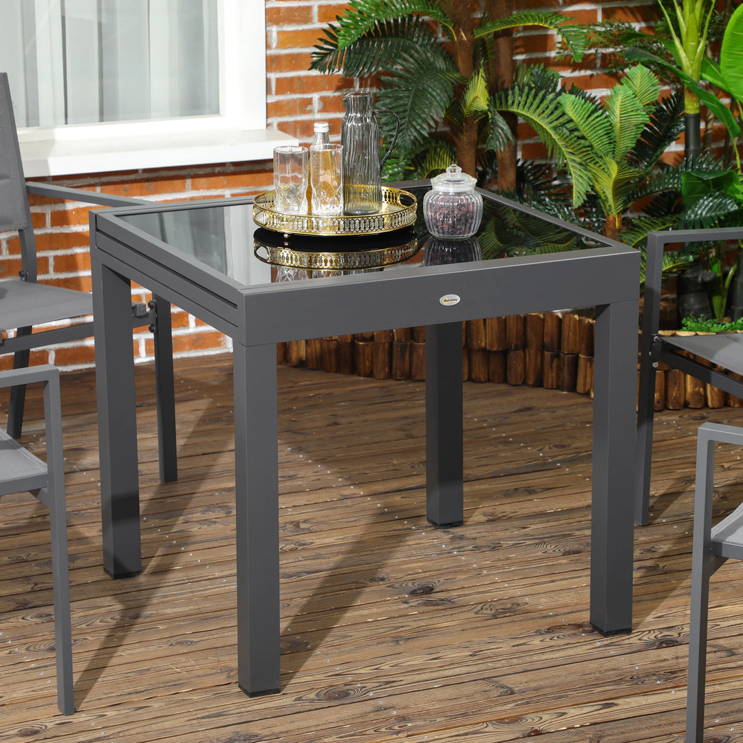31-63" Extendable Space-Saving Aluminum Outdoor Dining Patio Table w Black Glass Top for 4-6, Black