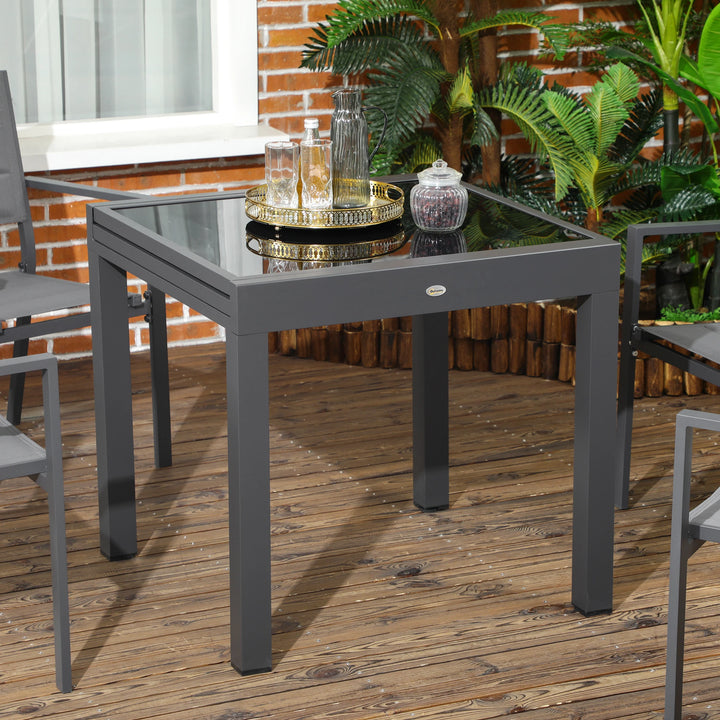 31-63" Extendable Space-Saving Aluminum Outdoor Dining Patio Table w Black Glass Top for 4-6, Black