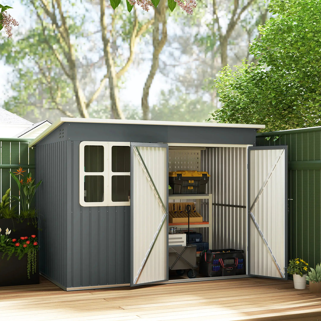 8.5' x 6' Galv Steel Metal Outdoor Storage Shed Garden Organizer w Swing Doors, Window - Dark Grey